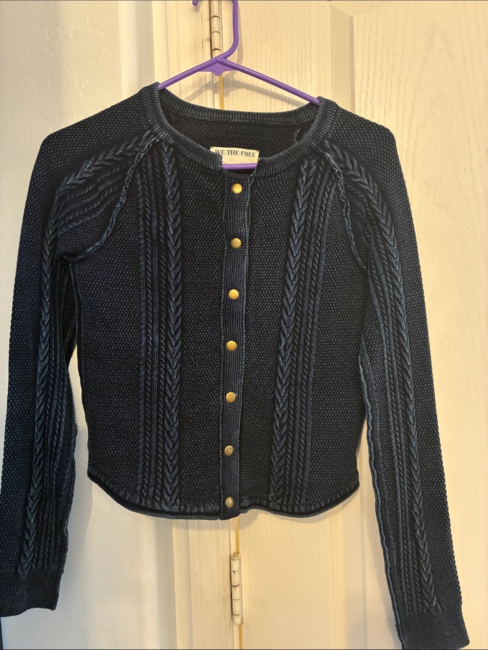 We The Free Navy Cable Knit Button-Front Cardigan